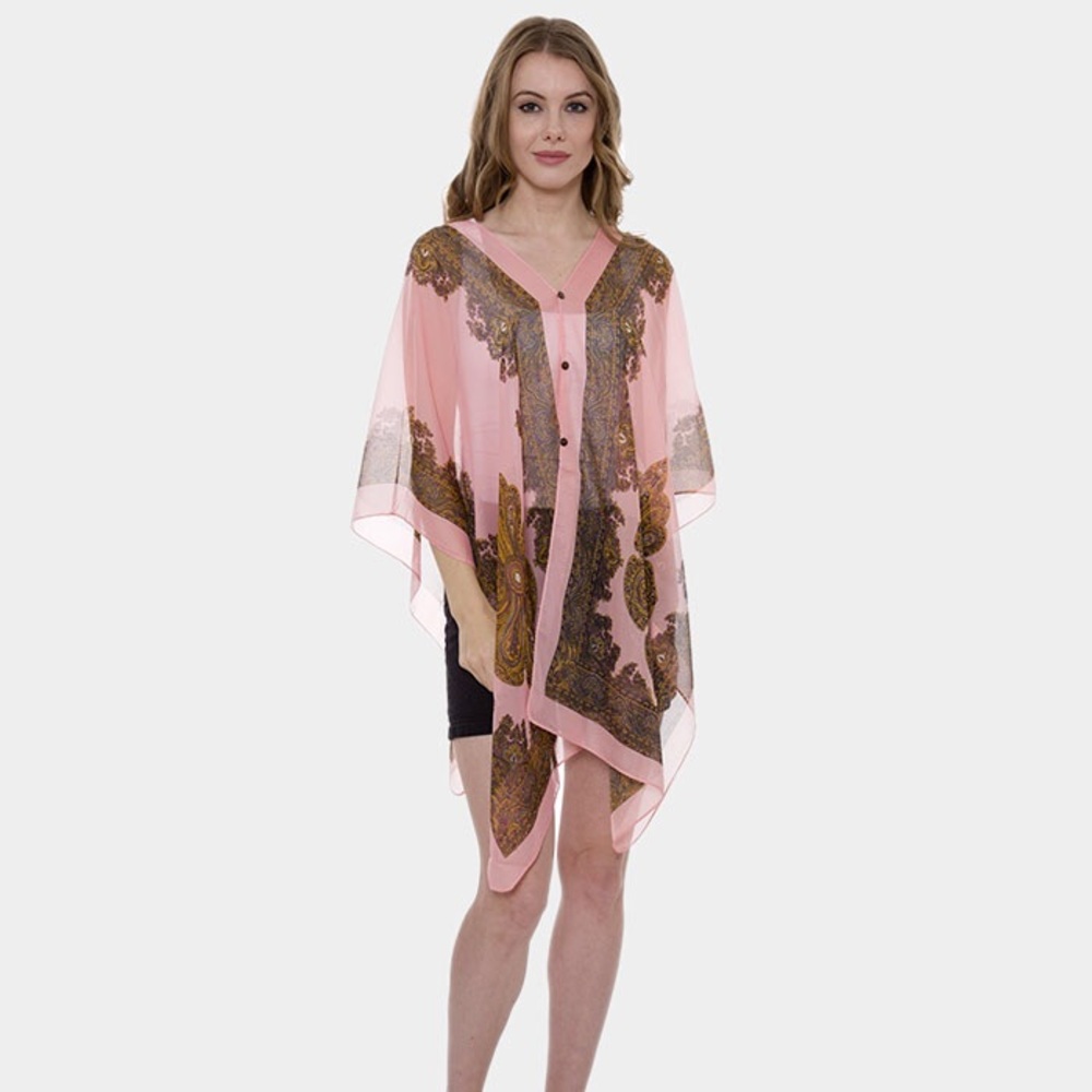 Button Down Pink Paisley V Neck Cape/ Poncho Summer/Spring